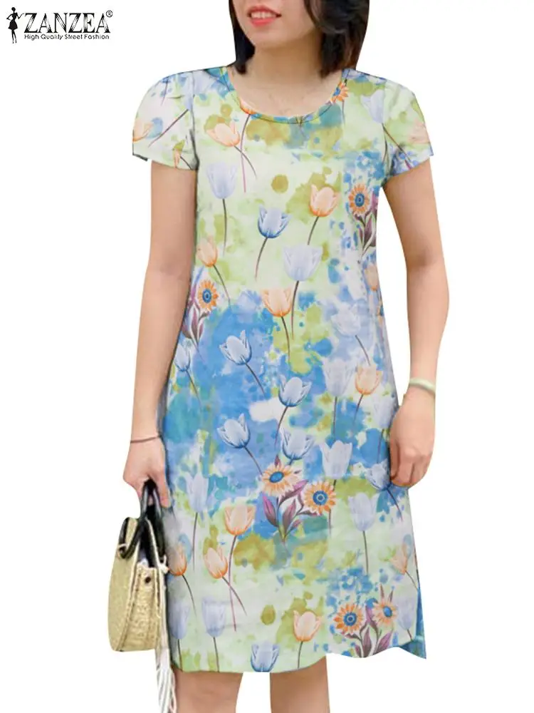 Zanzea-Vestido feminino com estampa floral com gola O na altura do joelho, elegante vestido de verão, vestido diário com deslocamento a linha A, casual, verão, 2022