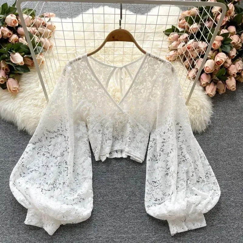 Frenchic Sexy Blusas Mujer Crochet Lace Sheer Women Tops V-neck Lantern Sleeve Backless Lace-up Ladies Elegant Blouse Dropship