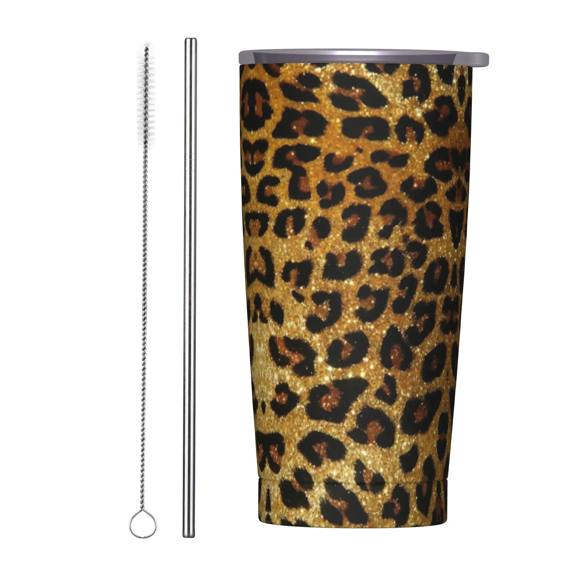 Leopard Tumbler Vacuum Insulated Faux Fur Coffee Cups with Lid Straw Travel Outdoor Mugs Water Bottle, 20oz