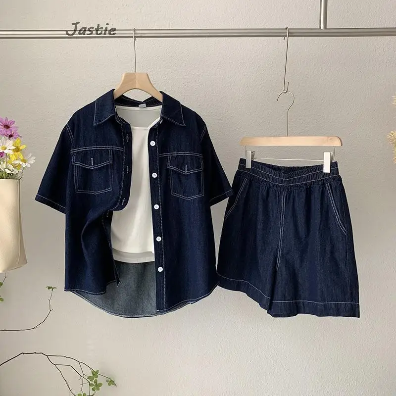 Retro Revers Denim Shirt 2 Stuks Set Outfit Losse Denim Shirt Met Korte Mouwen Hoge Taille Wijde Pijpen Casual Shorts Tweedelige Set Dames