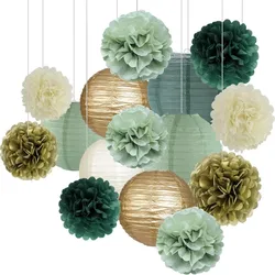 15Pcs Sage Green Tissue Paper Pom Poms Red Christmas Flowers Birthday Baby Shower Wild Safari Jungle Botanical Greenery