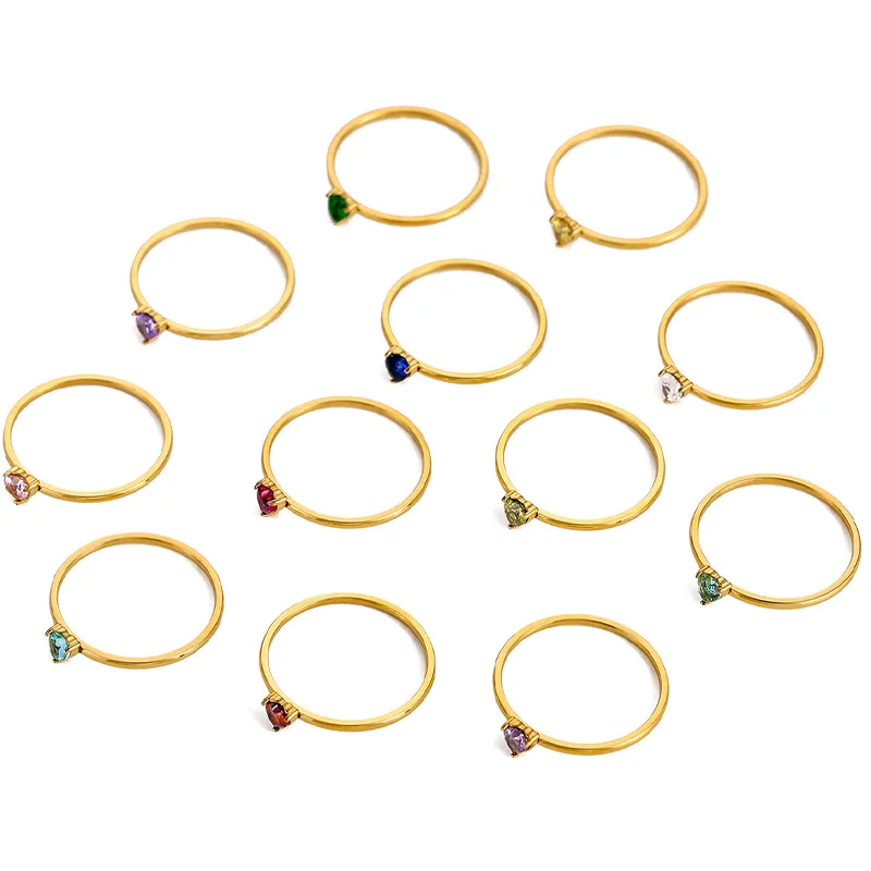 CARLIDANA Birthstone Rings for Women Birthday Gifts Jewelry Gold Plated Stainless Steel Rings Months Peach Heart Zircon Rings