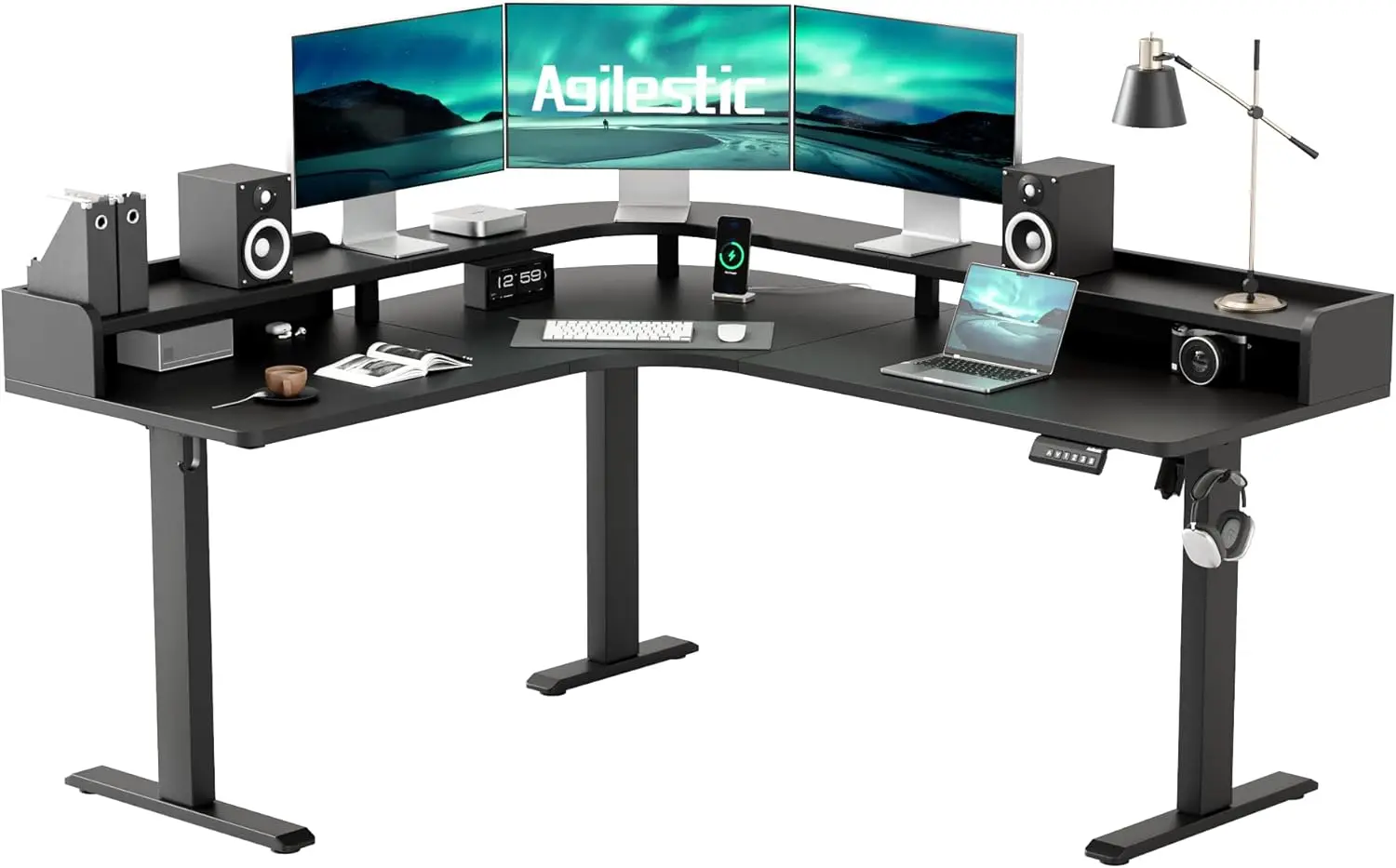Agilestic L Shaped Standing Desk, Corner Desk with Monitor Shelf, Adjustable Height Gaming Table, Sit Stand Up Table, 63 x 55 In