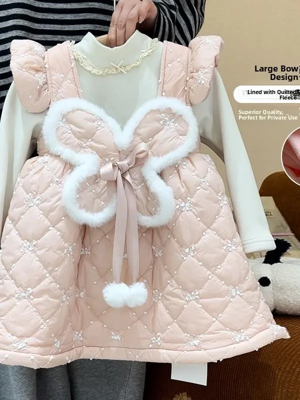 

Girls Thiened Cotton Knot Dr Casual Fce Two-Piece Set Pure Color Korean Sle Commute Long Sve Dr