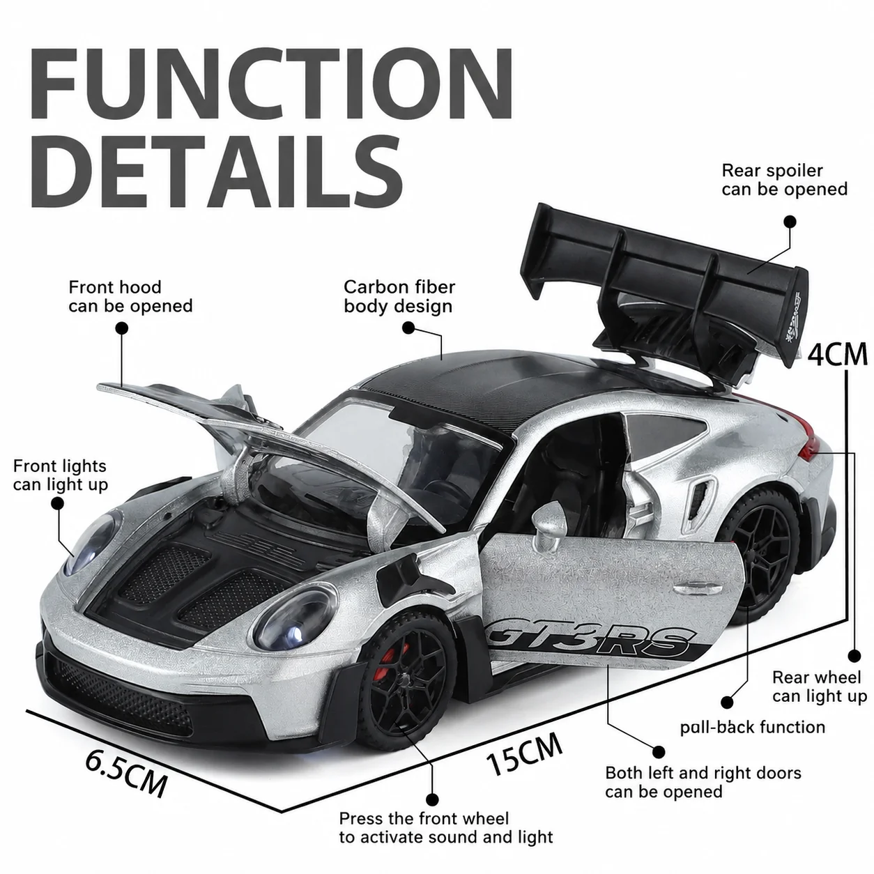 1:32 Fast&Furious Realistic GT3 RS Alloy Diecast Car Model，Pull Back Light&Sound, Carbon‑Fiber Roof，Gift for Car Model Collector