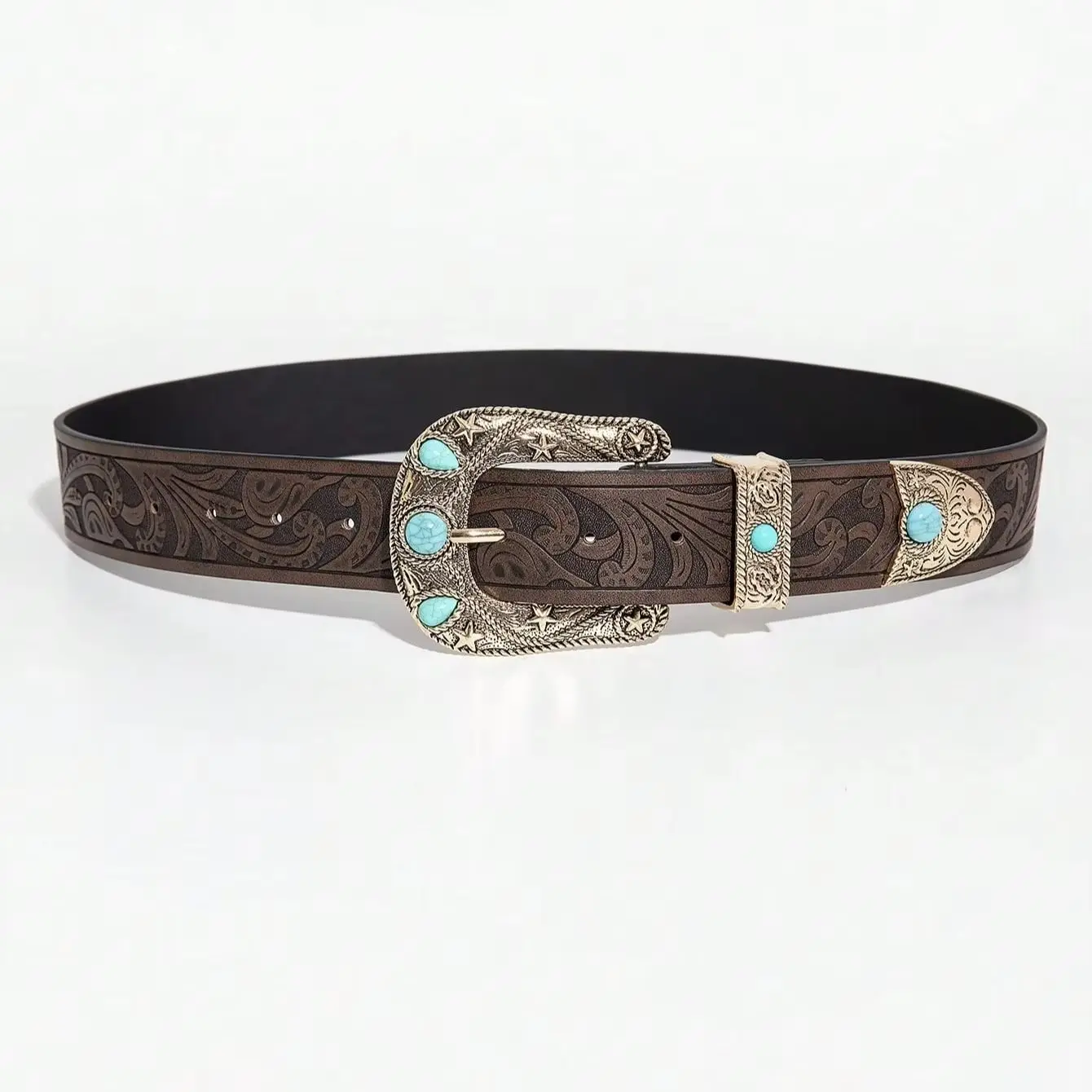 1pc women's Western-style brown belt, vintage carved buckle versatile jeans belt, suitable for daily commuting
