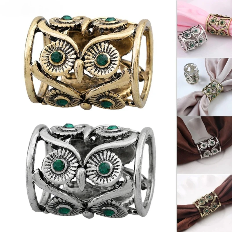 2Pcs Vintage Hollow Owl Design Scarf Buckle Ring Clips Brooch Fashion Ornament Women Men Clothing Neckerchief Slidable Adjust Cl