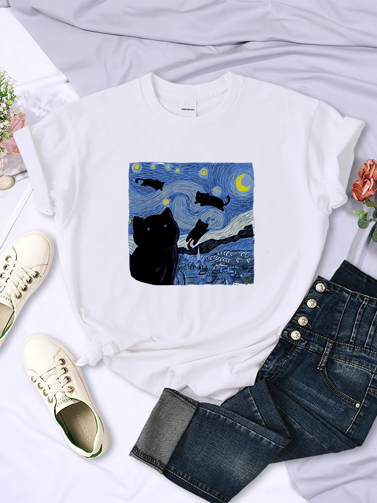 The Starry Cat Night Women T Shirts Fashion Breathable Cool Short Sleeve Street Hip Hop Tops Casual All-math Female Tee Clothing