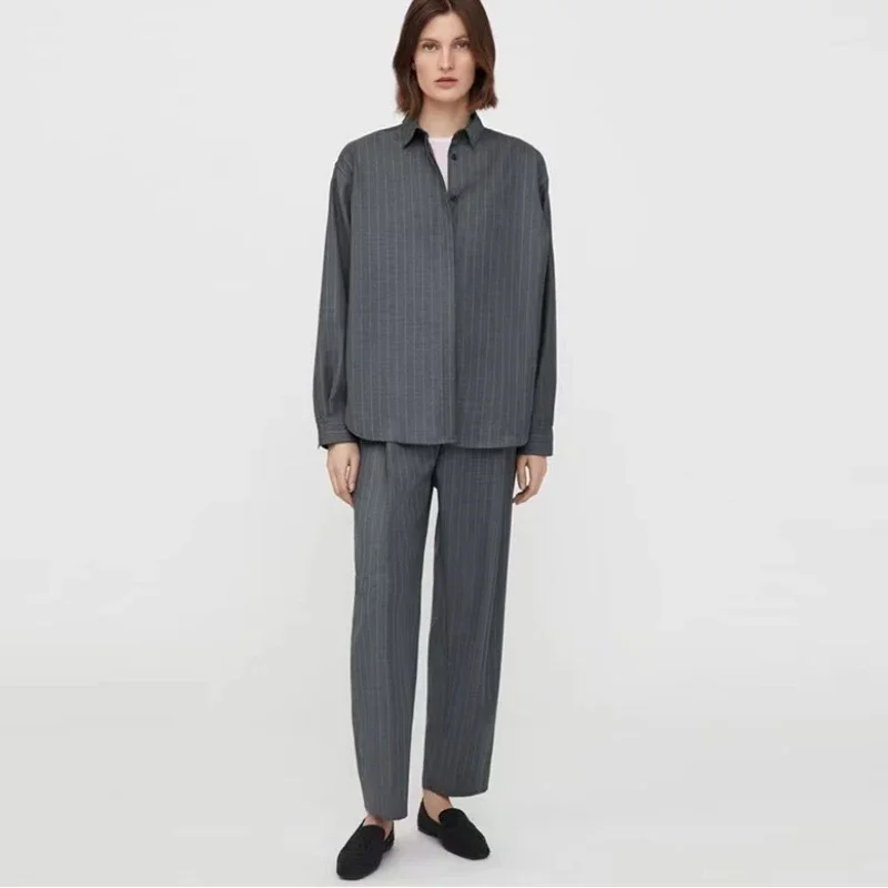 Pinstripe Deep Pleated Wool Shirt, Classic High-Grade Gray Commuter Style Top, Nordic Classic Version, Original 2024