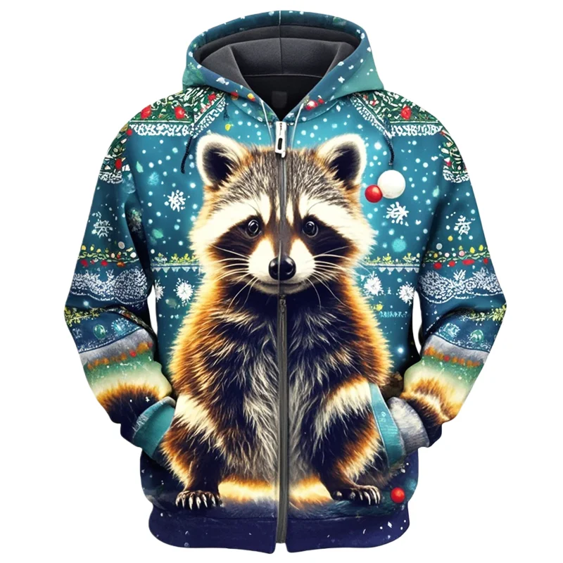 

Fashion Raccoon Print Zip-up Hoodie For Men And Women Street Style Sweatshirt Autumn Winter Casual Loose Men Clothing Daily Wear