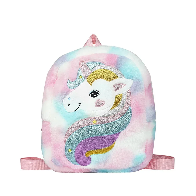 Mochila de dibujos animados de felpa para niñas, bolso escolar de unicornio bordado, mochila ligera colorida para bebé, guardería