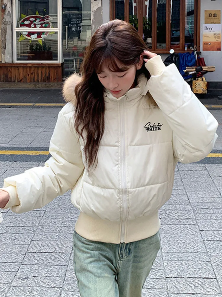 

Новинка 2025 года, зимняя корейская уличная куртка с меховым капюшоном, женская модная хлопковая парка, роскошные укороченные парки с хлопковой подкладкой Harajuku