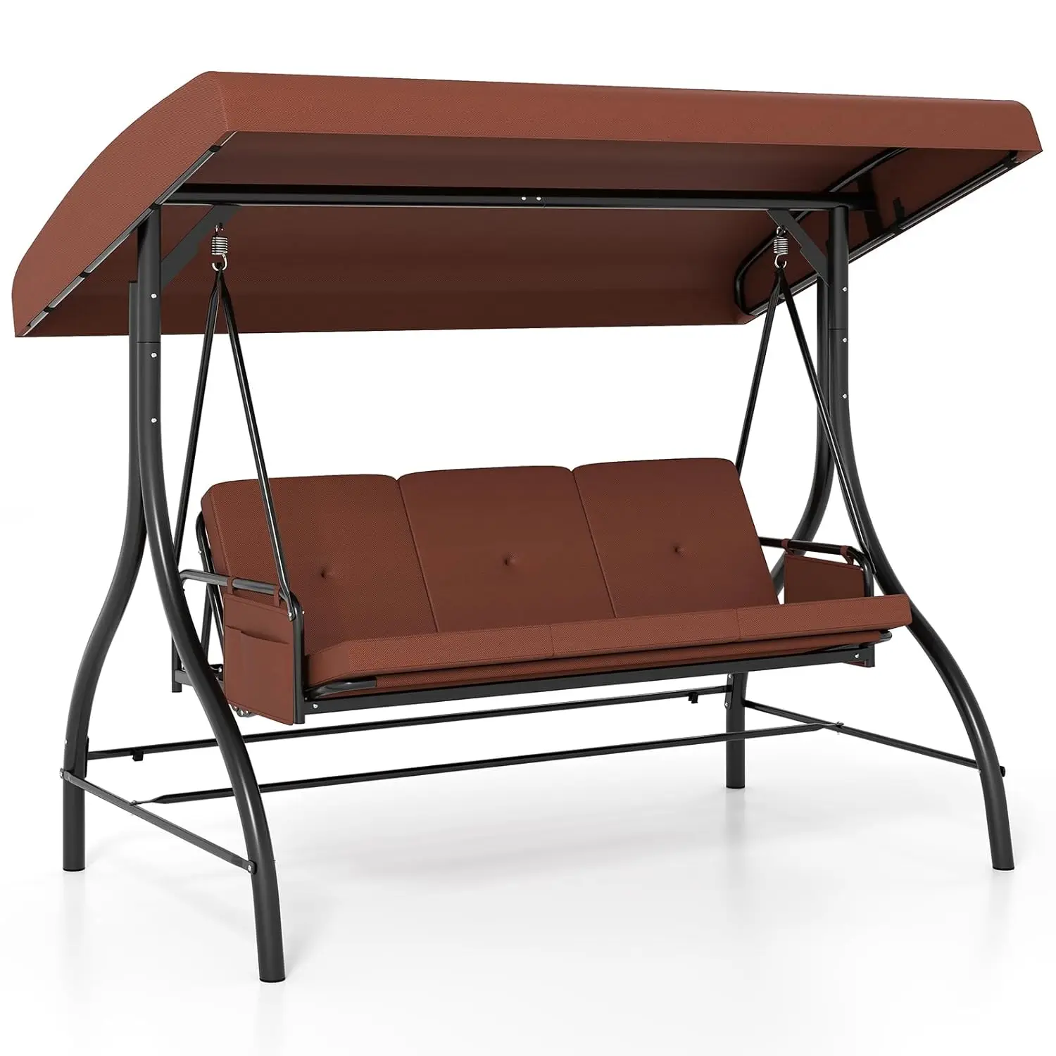 ty-3 Seat Convertible Porch Swing Adjustable Canopy Removable Cushion Metal Frame Side Pocket Patio Garden Custom-