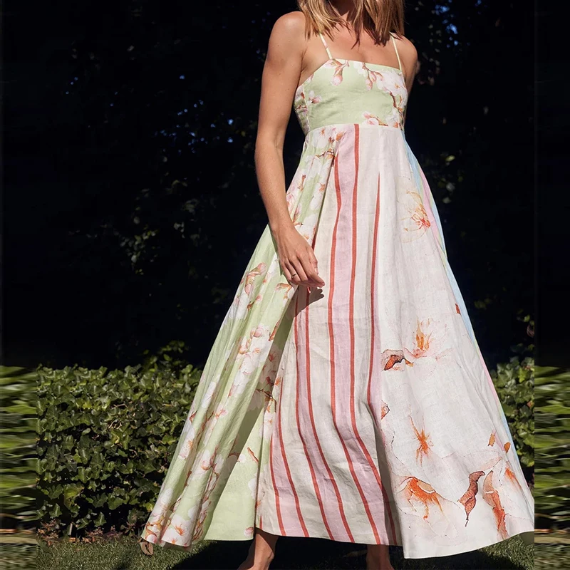 Sexy fora do ombro sem mangas suspensórios vestido elegante graffiti impressão solta bohe vestido feminino moda cintura alta plissado vestido longo