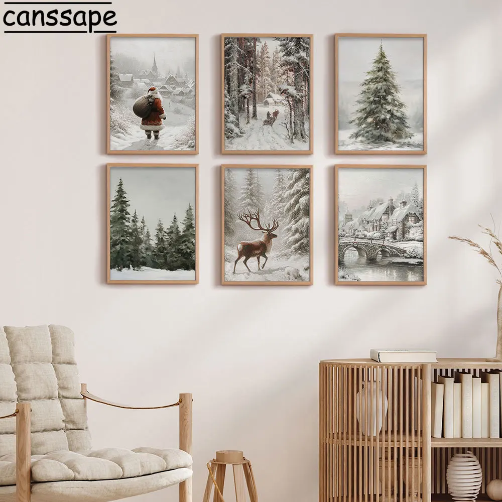 لوحة قماشية للكريسماس لتزيين غرف النوم ، لوحة جدارية ، سانتا أيل ، صنوبر خشبي ، قرية شتوية ، ملصق ، صورة ، منظر طبيعي ثلجي #2