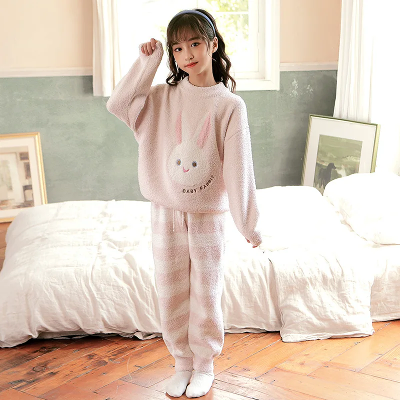 Cute 2PCS Winter Girl Thick Warm Soft Pajamas Kids Velvet Pajamas Set Mujer Long Sleeve Sleepwear For Girls Ladies Pyjamas