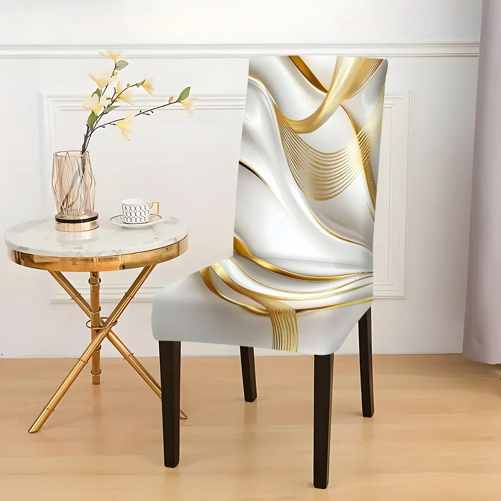 2/4/6pcs Luxury White Gold 3D Satin Wave Print Stretch Dining Chair Cover, Removable Washable Chair Slipcover