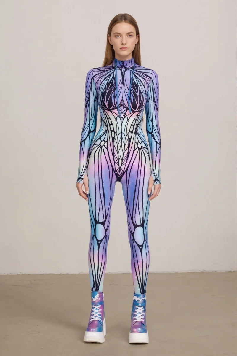 Neuer bunter Schmetterlings-Print-Cosplay-Bodysuit für Damen, Erwachsenen-Halloween-Karnevalsparty-Märchenkostüm, Bühnenkostüm, Zentai-Anzug – Detail 14