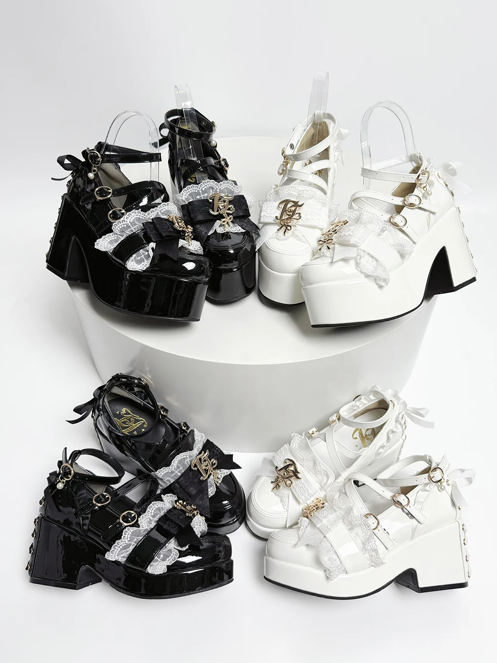 Zapatos de plataforma de Muffin con lazo de encaje japonés Lolita, zapatos de cuero Pu con plataforma impermeable de boca poco profunda y dulce milenio para mujer