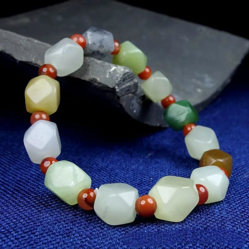 Xinjiang Hetian Jade Greenish White Jade Blue and White Yellow Mouth Brown Jade Jasper Duobao Colorful Polygon Bead Edge Women's