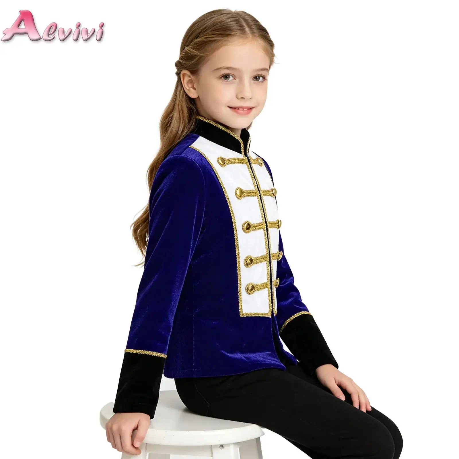 Unisex Kids Boys Girls Honor Guard Outwear Tops Gold Braided Long Sleeve Contrast Color Costume for Party Stage Performance