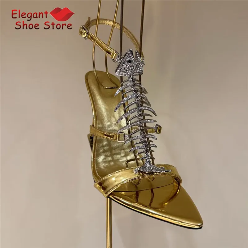 Metal Fishbone Gold Women's Sandals Sexy T-Strap Pointy Toe Ankle Buckle High Heels Fashion Banquet Party Dress Shoes Stilettos