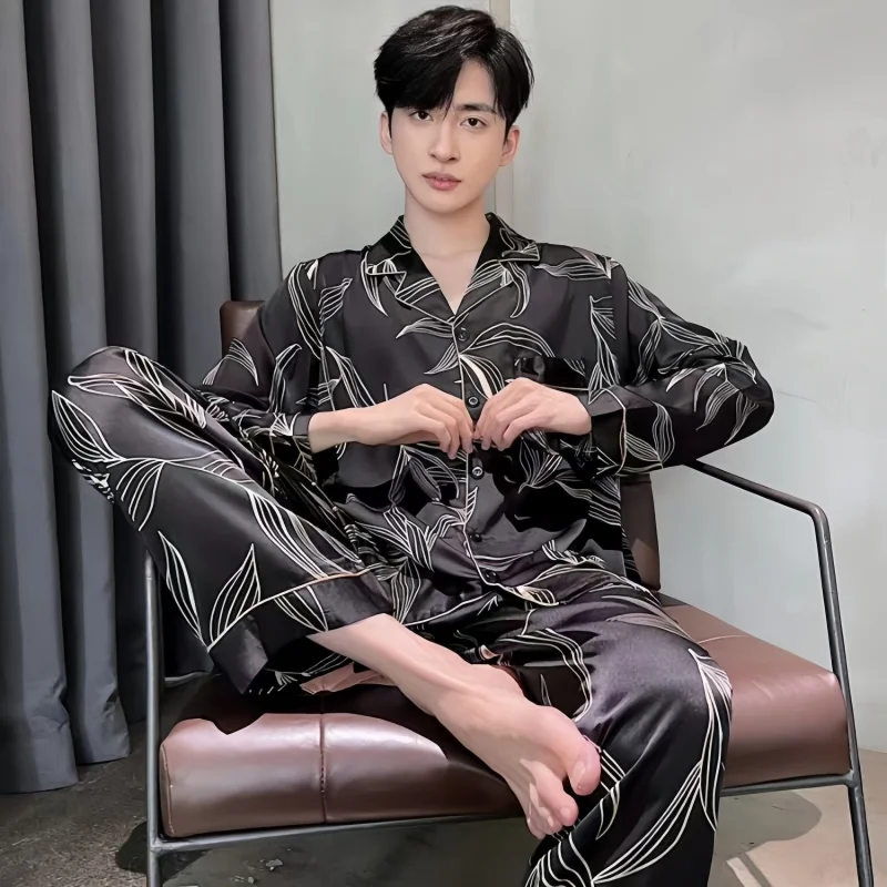 الربيع الصيف الجليد بيجامة من الحرير للرجال حجم كبير المتسكعون مجموعات الجاكار سترة ملابس خاصة محاكاة الحرير بيجامة مجموعات الرجال