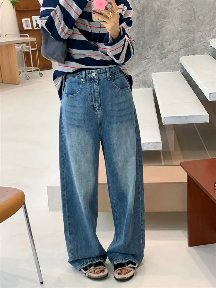 

Джинсы Feita с высокой талией, широкими штанинами, свободного кроя, прямые, повседневные, из хлопкового денима, в американском ретро-стиле, женские