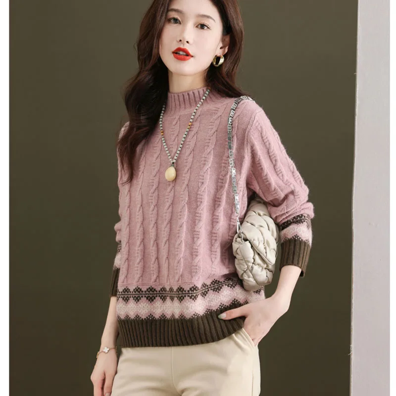 

Autumn Winter Fashion Jacquard Knitted Pullovers Women Clothing Vintage Commute Warm Sweaters Comfortable Soft Wool Top