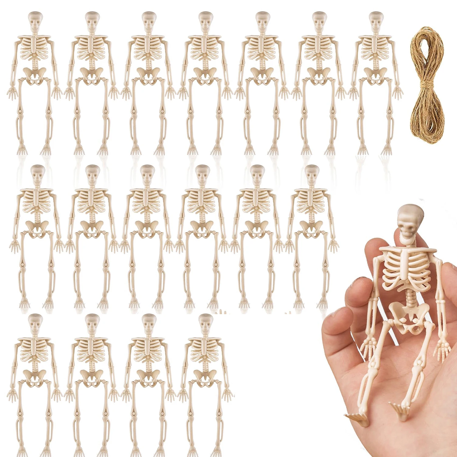 6 Stück Halloween-Skelett mit Seil-Anhängern, Kunststoff-Schädel, Kinderspielzeug, Halloween-Party-Dekoration für Haus, Garten, Spukhaus-Requisiten