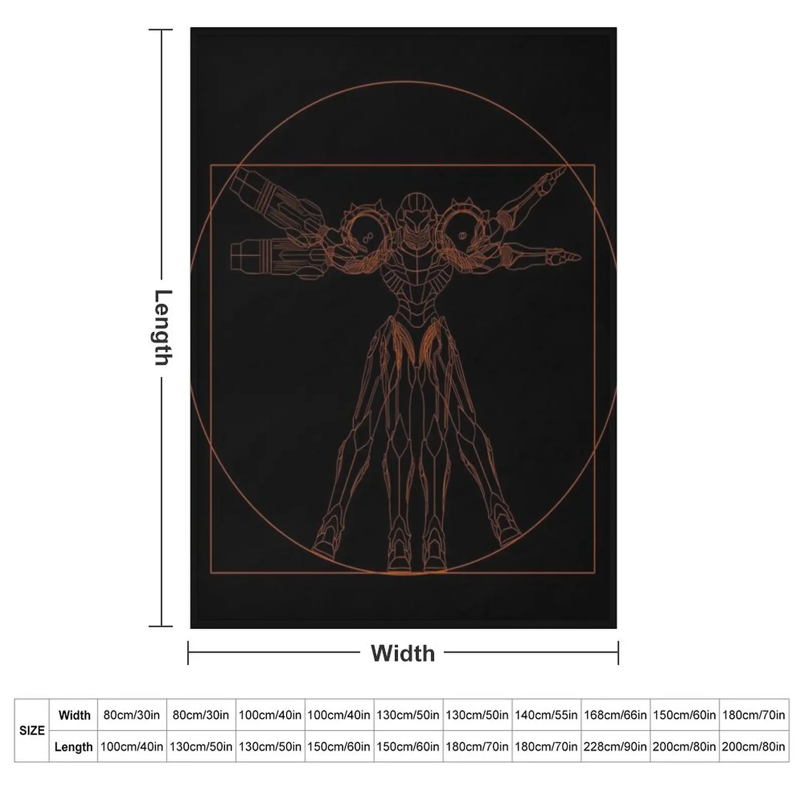 Vitruvian Samus Metroid Da Vinci Sketch Orange Print Throw Blanket couch cozy soft plush fuzzy picnic outdoor blanket