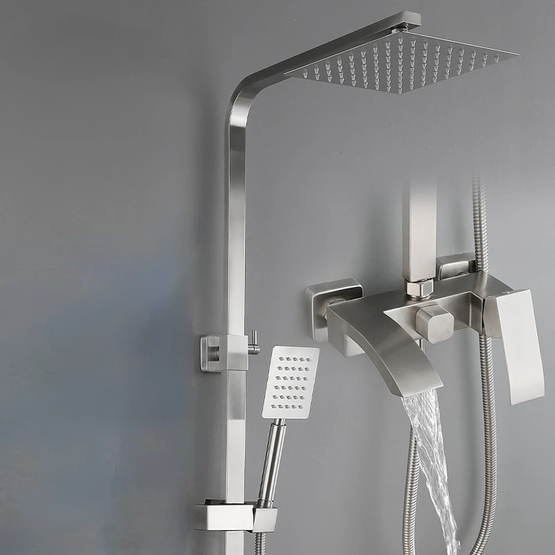 

Bathroom Faucet Stainless Steel Three-function Shower System Set In-wall Square Waterfall Head Pressurized