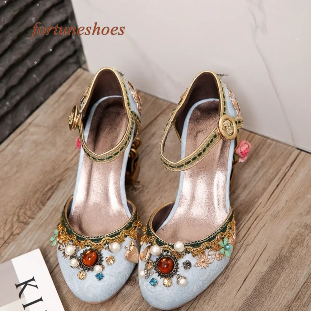 String Bead Hollow Heel Pumps One Word Belt Buckle Round Toe Chunky Heel Solid Women Shoes Spring Fashion Wedding Newest Pumps