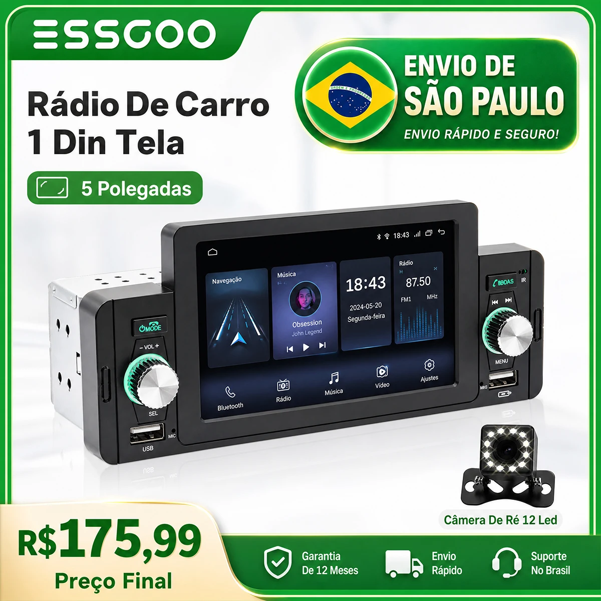 ESSGOO Rádio de Carro 1 Din Tela de 5" Sensível ao Toque MP5 Multimídia Espelhamento Tela Navegação e Câmera Ré