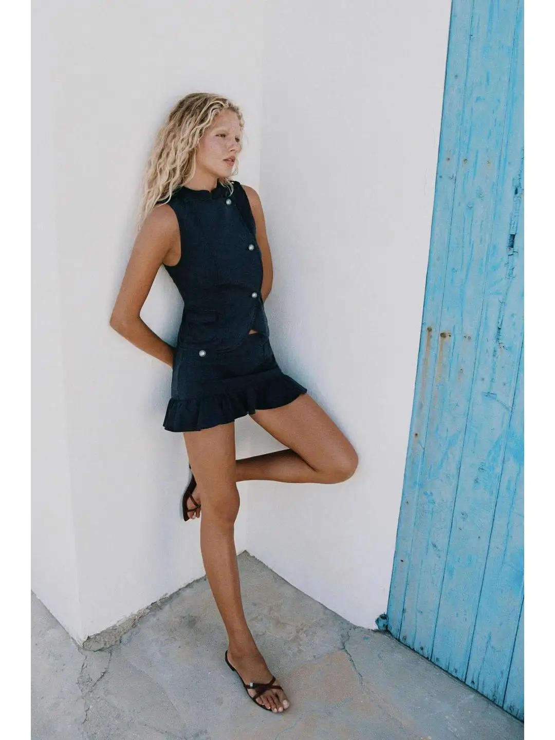 Summer Layered Decorative Belted Button Front Vest Style Top  Skirt Set Cleanfit Polyester Fiber Three Quarter Sleeve Dress