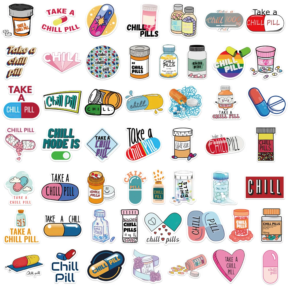 10/30/52pcs Chill Pill Cartoon Stickers Decals Decorative Water Bottle Laptop Diary Phone Case Waterproof PVC DIY Sticker Packs