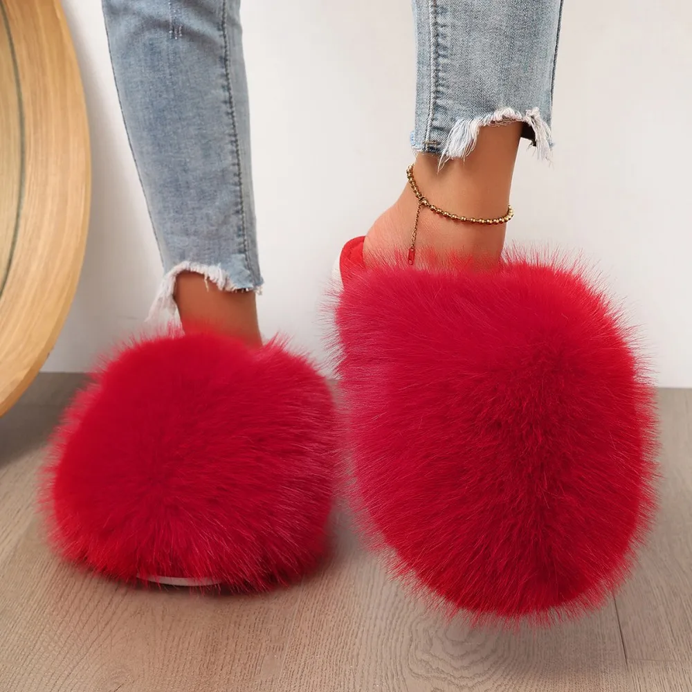 Winterfellige Damen-Hausschuhe, bequeme Flip-Flops, flache Pantoffeln, Indoor-Schlafzimmer-Plüschschuhe für Damen – Detail 9