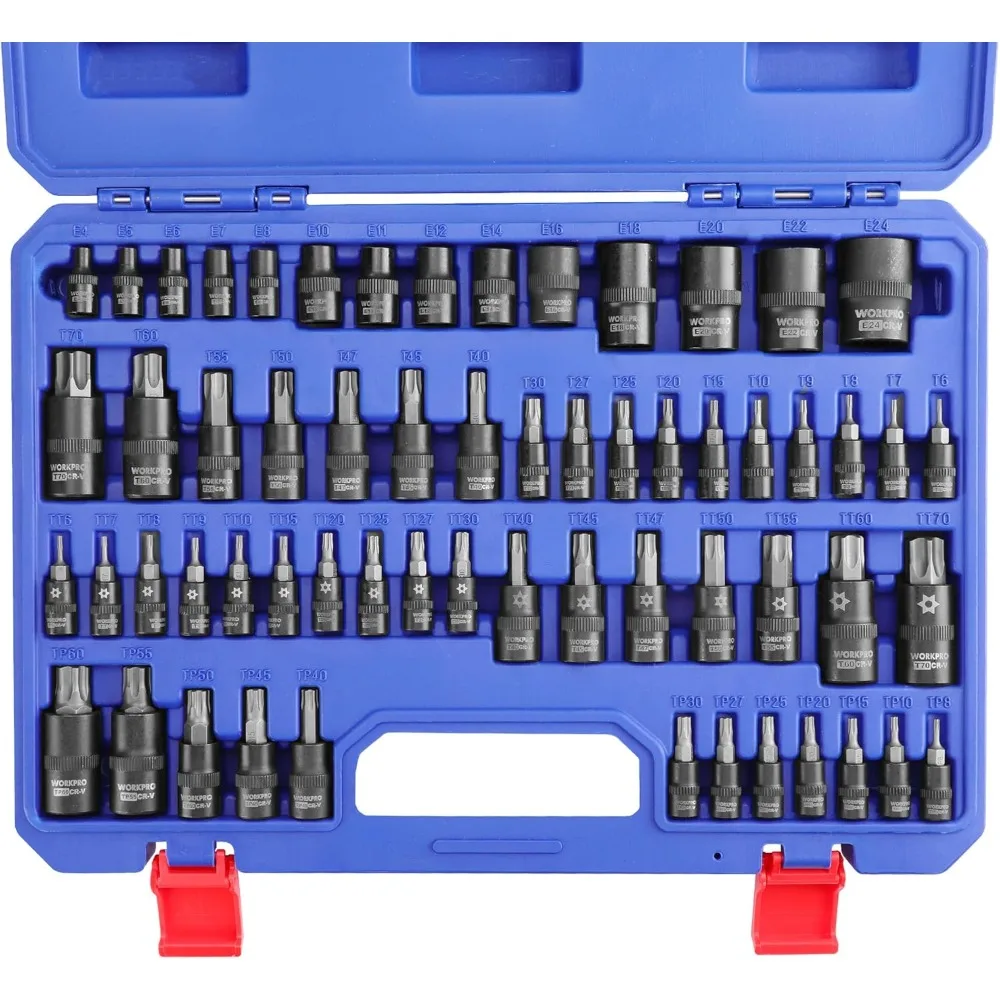 Conjunto de soquete torx de 60 peças com pontas de acionamento de 1/4", 3/8", 1/2", soquetes E4-E24, T6-T70, TT6-TT70, TP8-TP60 em aço durável