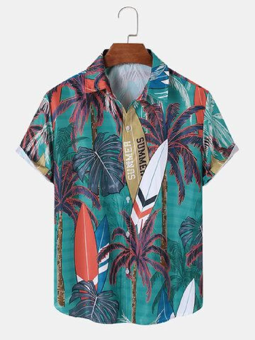 Hawaiian style men\'s short sleeved shirt with plant print pattern short sleeved lapel fashionable casual shirt top