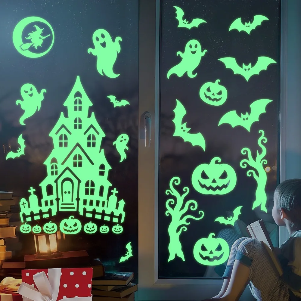 2 Sheet Fluorescent Halloween Luminous Wall Sticker PVC Green Light Window Sticker Ghost Pumpkin Eye Pattern
