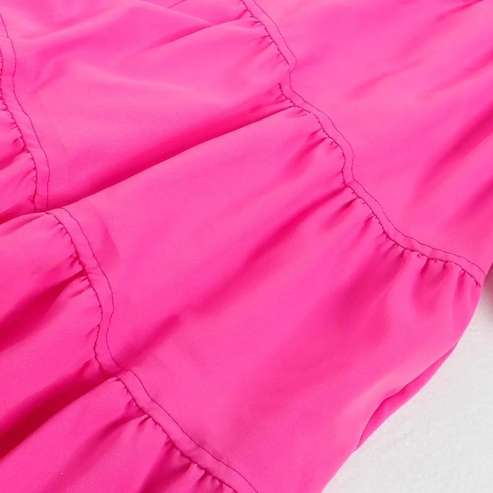 Damska sukienka koszulowa z falbankami, kołnierzykiem, bufiastymi rękawami, zapinana na guziki, mini sukienka letnia, luźna sukienka w kształcie litery A na imprezę.