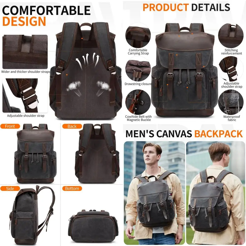 

Винтажный рюкзак для ноутбука из вощеного холста 17,3 дюйма от Nerlion - большой кожаный рюкзак для мужчин