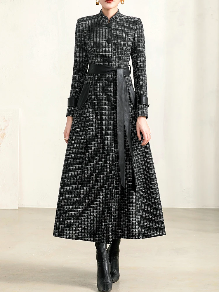 Pop Women Black Houndstooth Woolen Coat Spring Autumn Fashion Hepburn Style Stand Collar Slim Long Plaid Wool Blends Overcoat