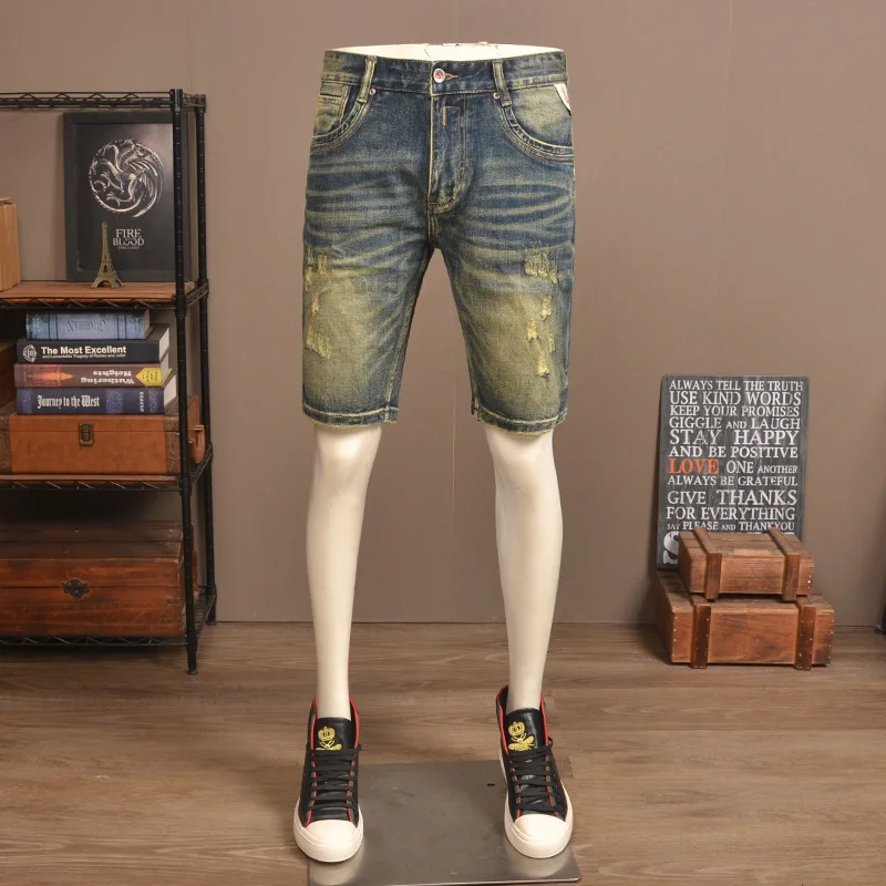 Summer retro nostalgic ripped denim shorts men's trendy brand stretch slim fit high-end washed casual five quarter pants
