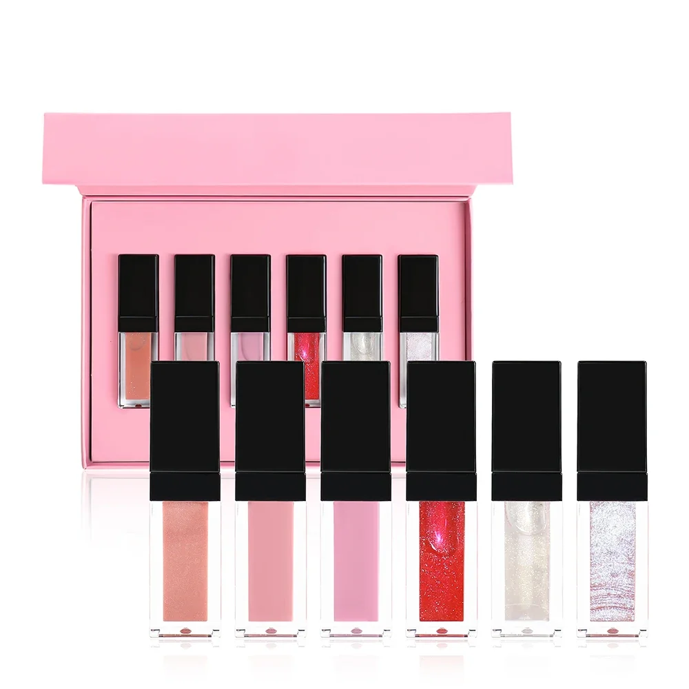 Custom Logo Lip Gloss Pigment Long Lasting Moisture Mixed Six-pack Transparent Tube Color Set Private Label Makeup Black Lid