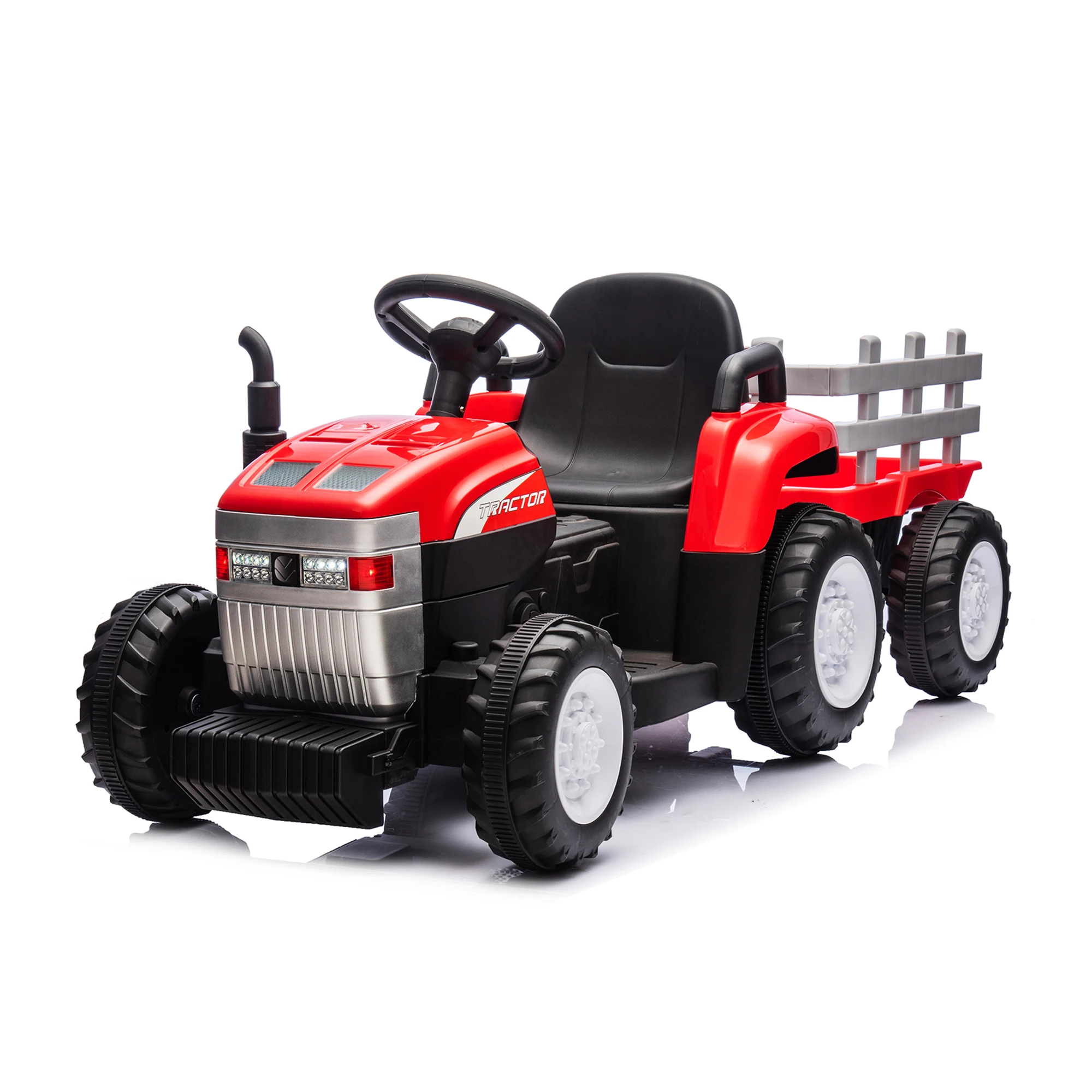 Trator de brinquedo movido a bateria vermelho, 12V7AH com reboque, controle remoto, veículos escavadeira elétrica infantil com motor duplo 2x35W