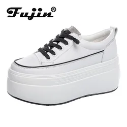 Fujin 8cm białe oryginalne skórzane platformy obcas damskie mieszkania buty wygodne Casual pnącza Chunky Sneaker letnie buty damskie