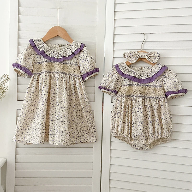 Vêtements d'été en dentelle florale pour filles, robe de princesse pour filles, barboteuse à manches courtes pour bébé, tenue assortie et ajustable pour la famille