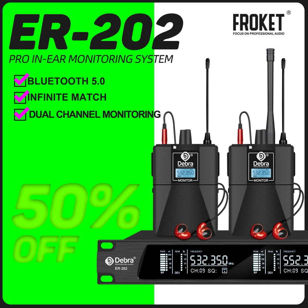 FROKET UHF Wireless In-Ear Monitor System Professional ER-202 Bluetooth for Stage Recording Studio Drummer Instrument