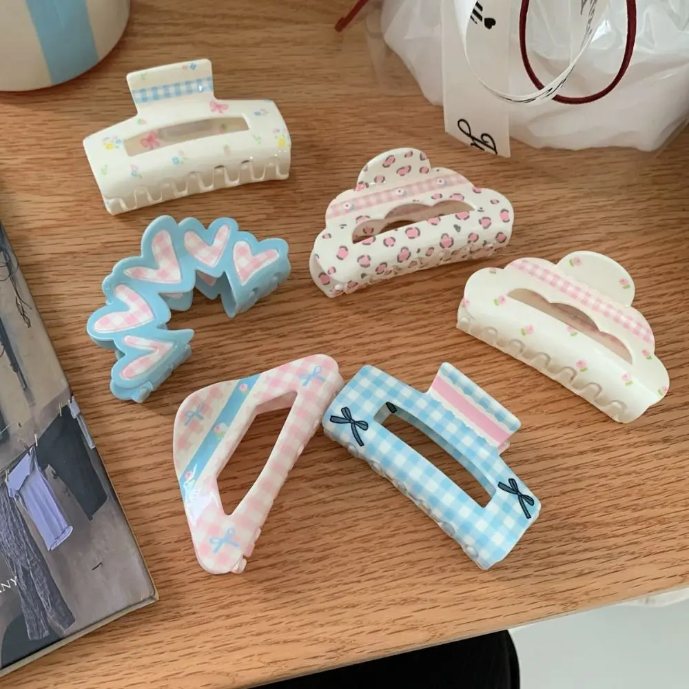 Klips do włosów w stylu koreańskim, kratka, kwiat, trójkąt, akrylowa kokarda, klips do włosów typu pazur, kwadratowy klips do kucyka, klips geometryczny typu rekin, na zewnątrz